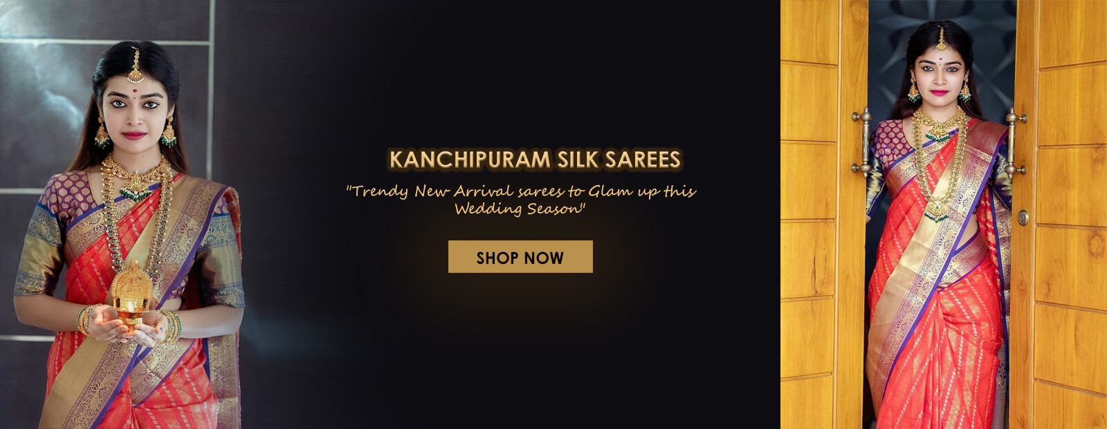 red color kanchpuram silk saree banner for wedding function online