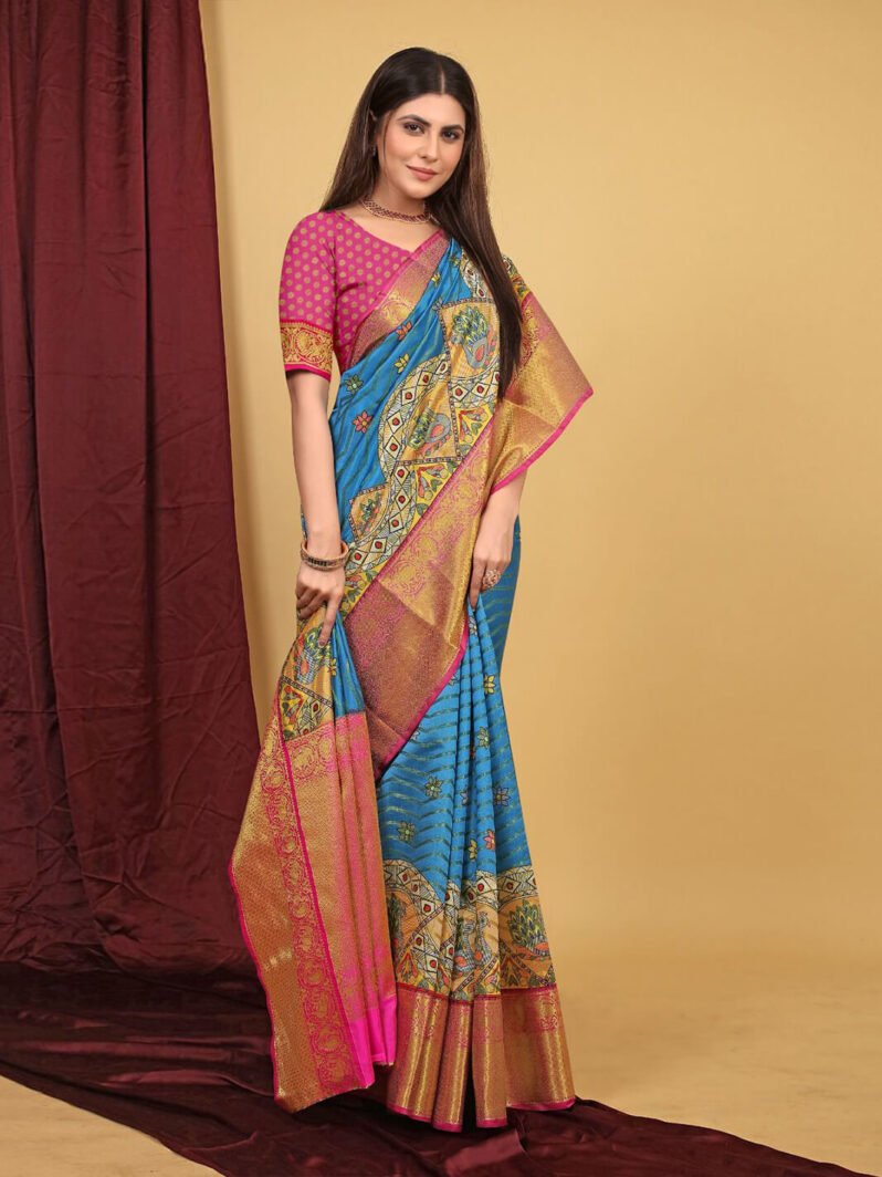 Blue Weaving Silk Kalamkari Pattu Saree gnp230023-2