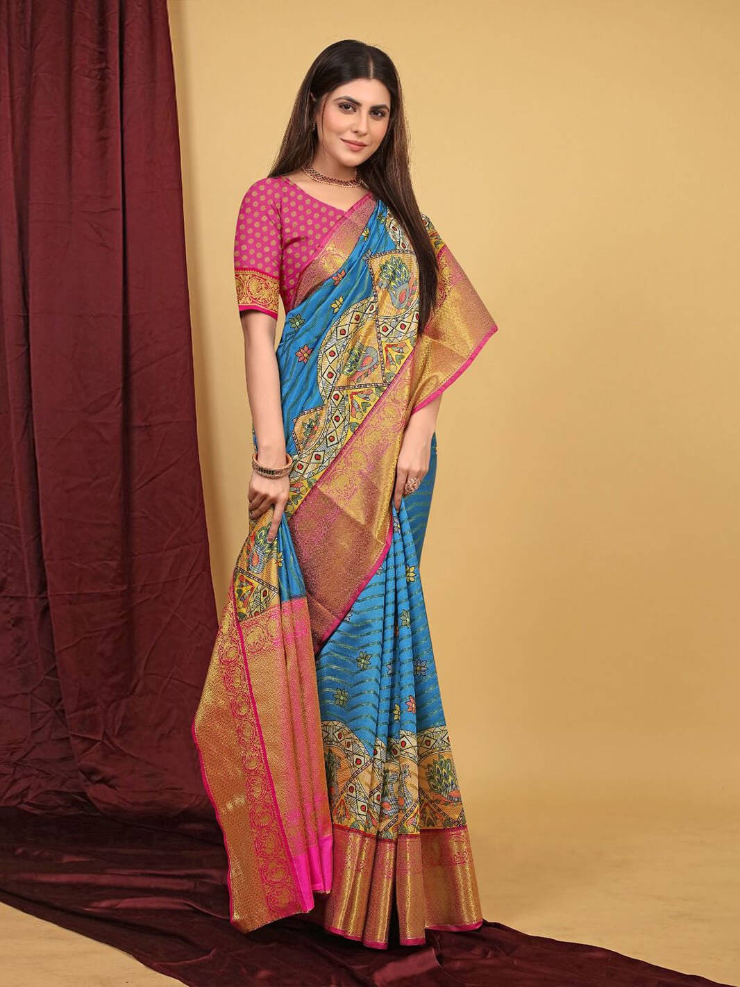 Blue Weaving Silk Kalamkari Pattu Saree gnp230023-2