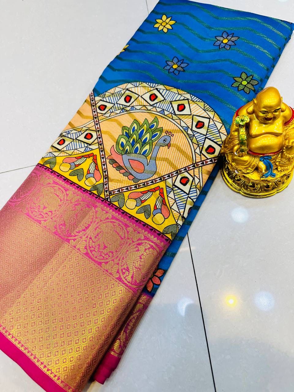 Blue Weaving Silk Kalamkari Pattu Saree gnp230023-3