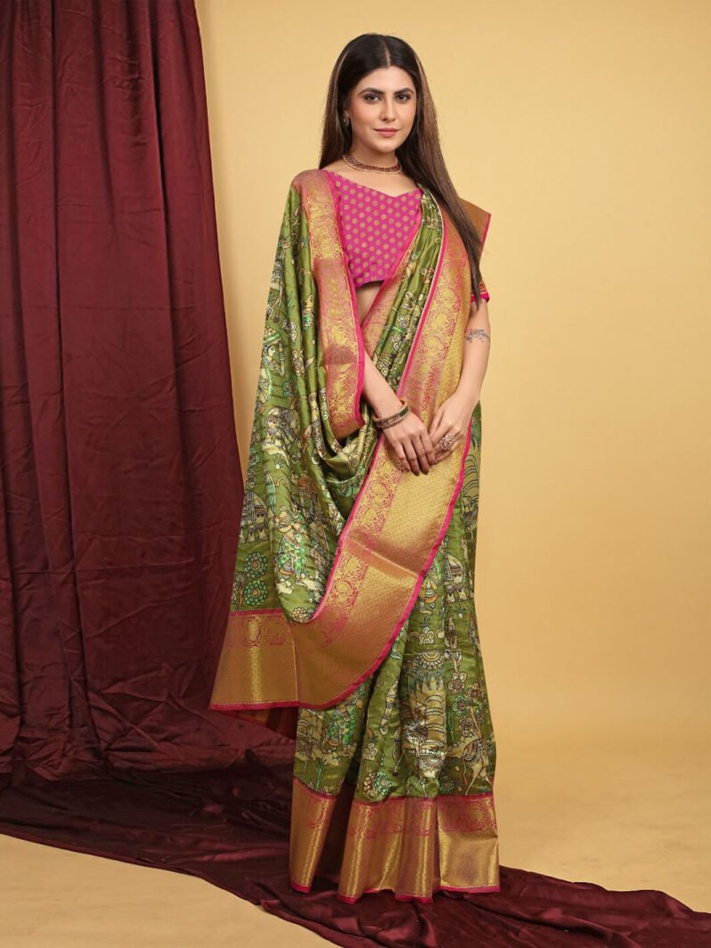 Green Weaving Silk Kalamkari Pattu Saree gnp230022