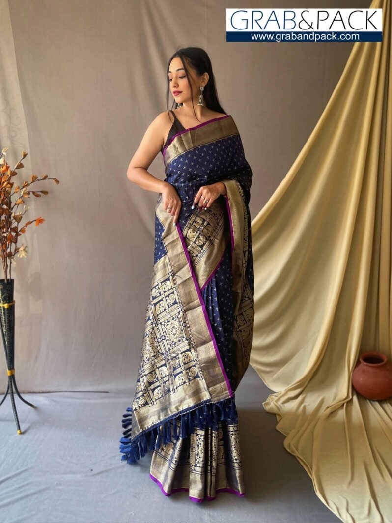 Trendy Navy Blue Soft Silk Woven Saree GNP230006