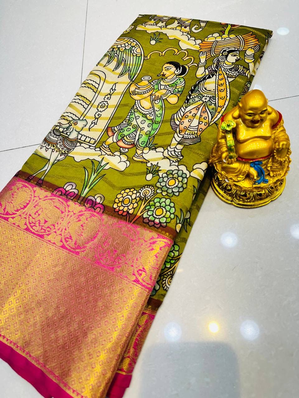 Green Color Weaving Silk Kalamkari Pattu Saree gnp230022-3