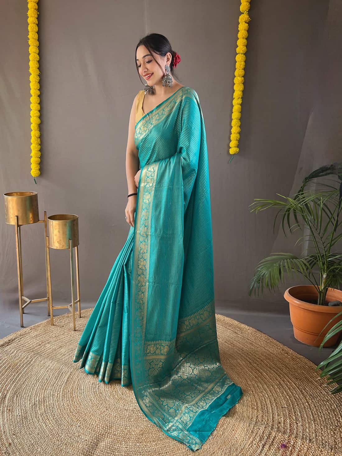 Woven Art Silk Saree in Teal Green gnp230021-2