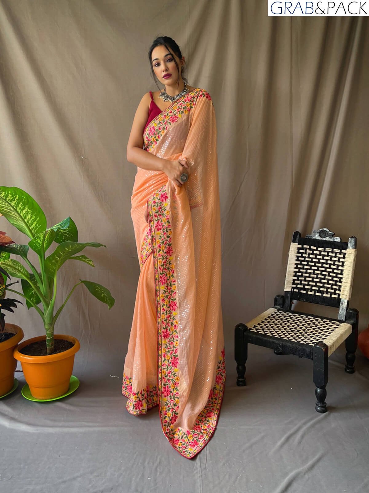 orange Sequin Georgette Saree GNP230001