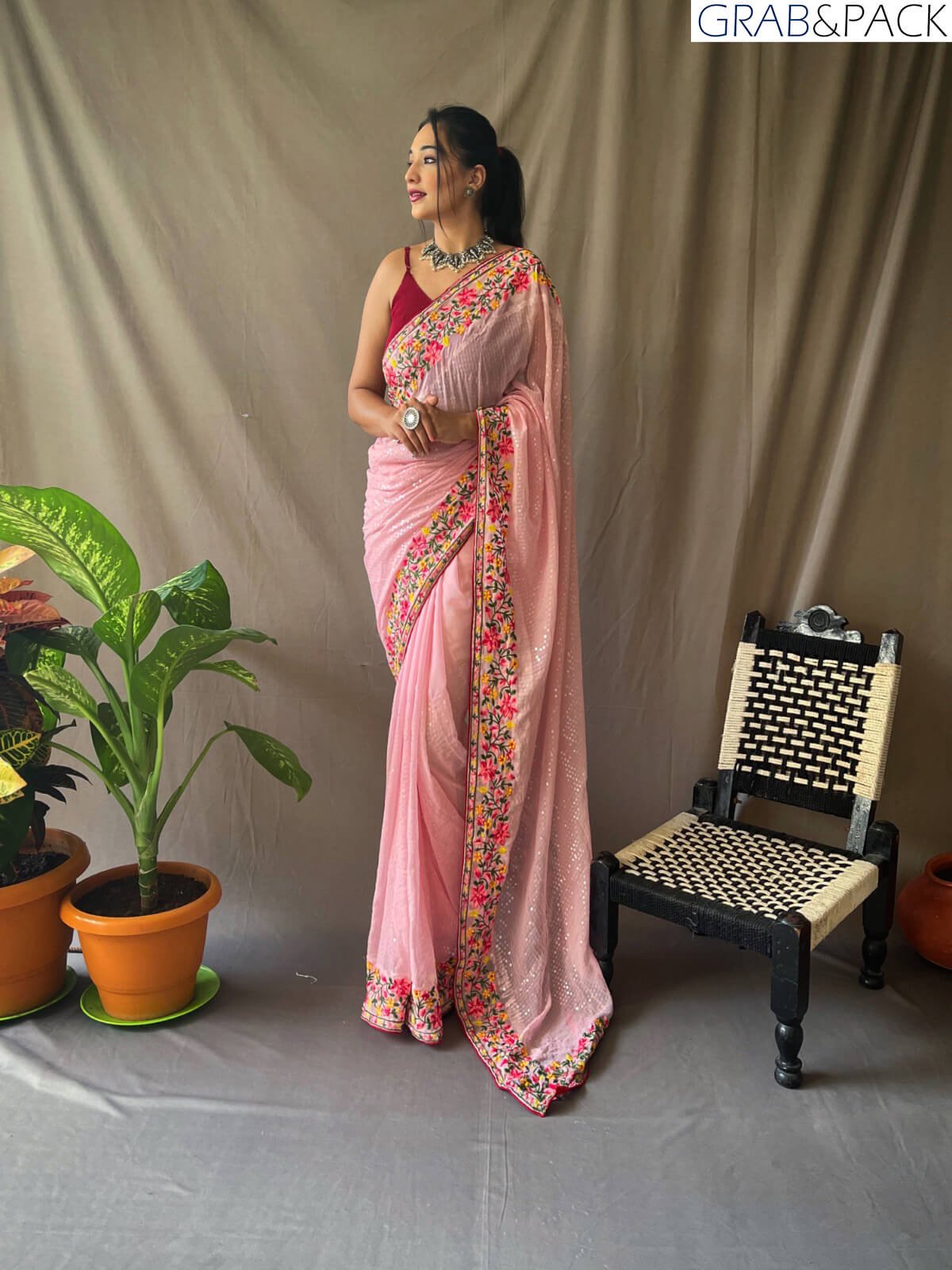 pink Sequin Georgette Saree GNP230001