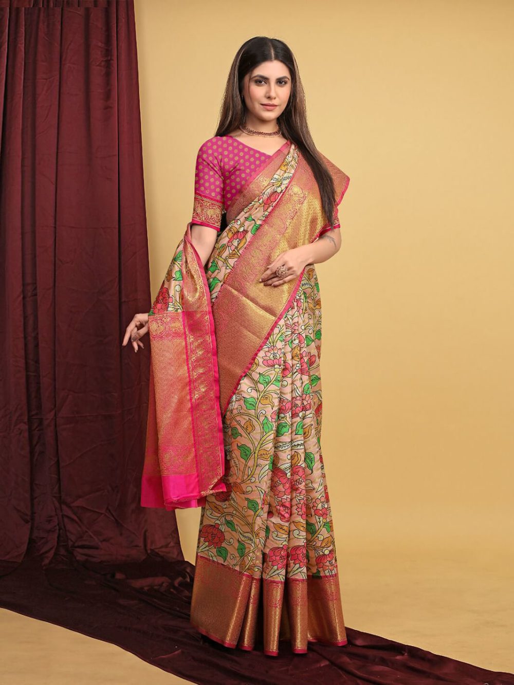 pink Weaving Silk Kalamkari Pattu Saree gnp230025-2