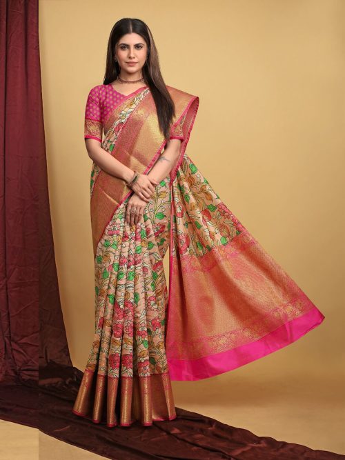 pink Weaving Silk Kalamkari Pattu Saree gnp230025