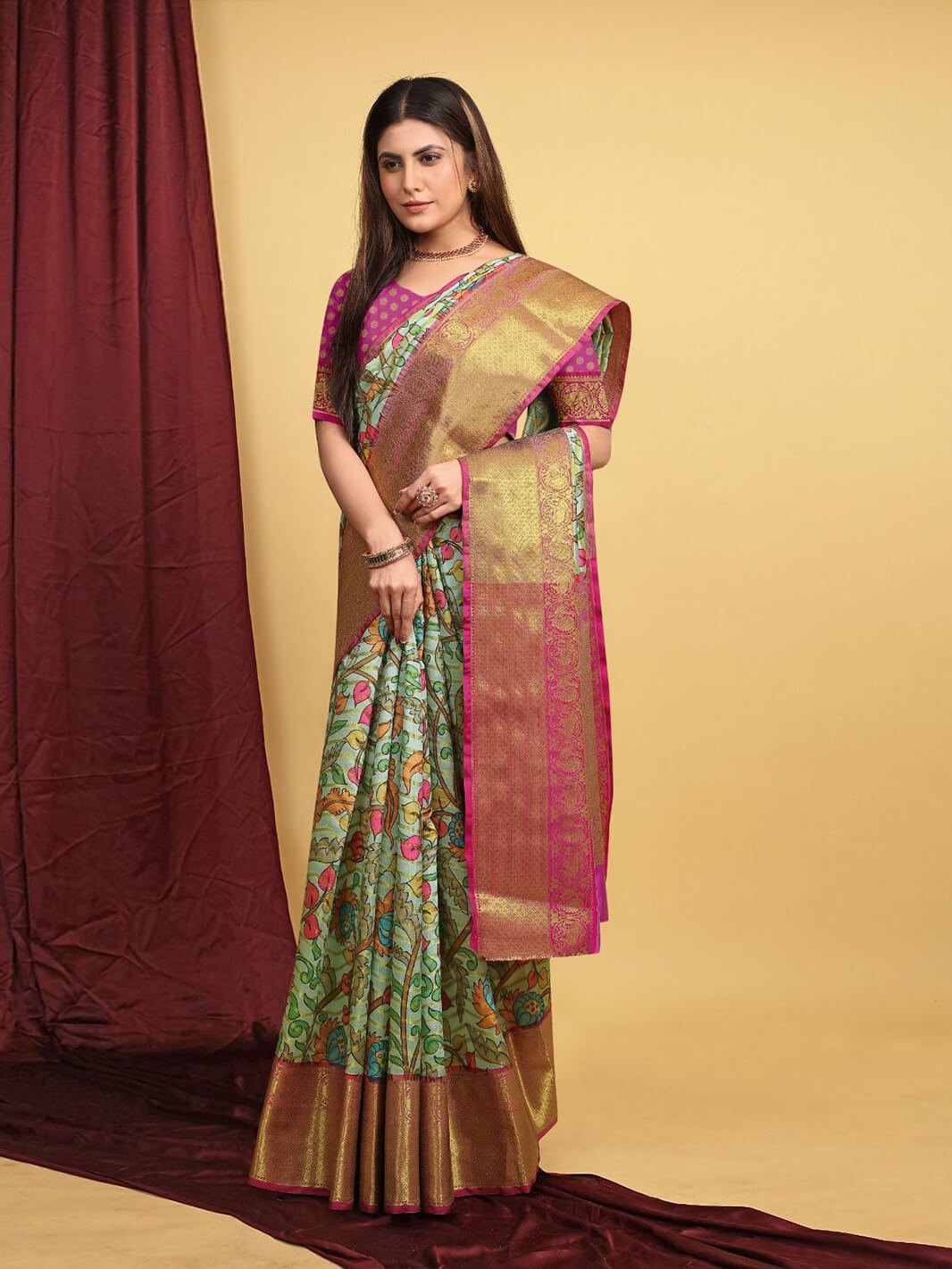 teal green Silk Kalamkari Pattu Saree gnp230024-2