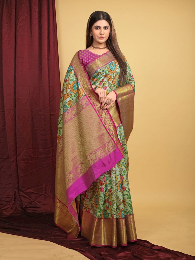 teal green Silk Kalamkari Pattu Saree gnp230024